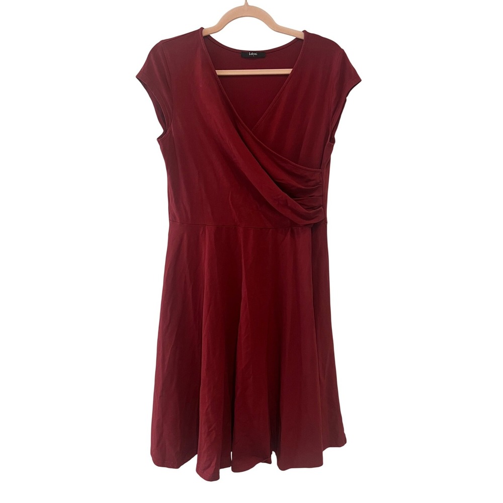 Laksmi Skater Dress Womens L Red Good Surplice V-Neck Short Sleeve 1645